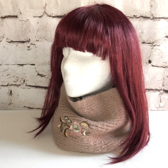 ZARA infinity knit scarf Tan with embroidery design One Size - Picture 4 of 11